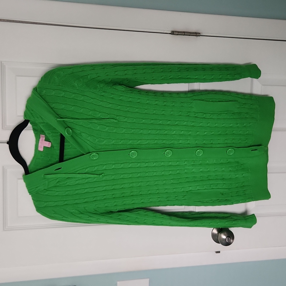 Lilly Pulitzer Cable Knit Hooded Cardigan S Green Preppy Coastal Sweater
